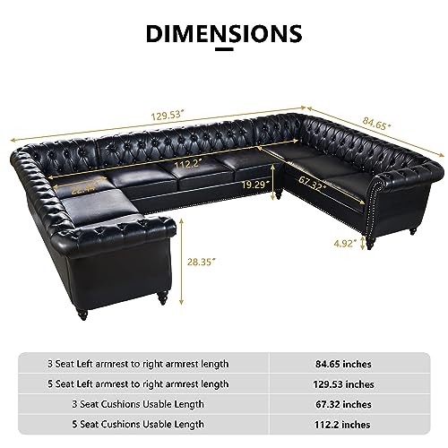 Spacious U-Shaped Chesterfield Faux Leather Sofa