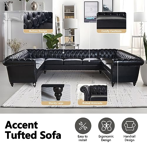 Spacious U-Shaped Chesterfield Faux Leather Sofa