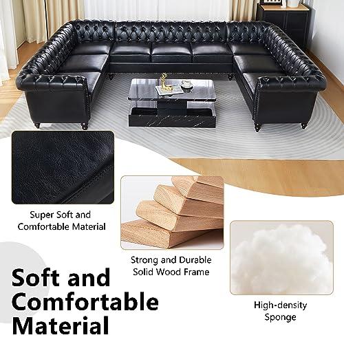 Spacious U-Shaped Chesterfield Faux Leather Sofa