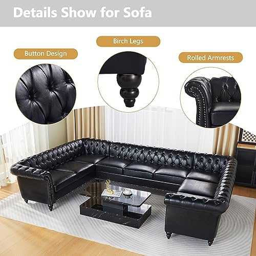 Spacious U-Shaped Chesterfield Faux Leather Sofa