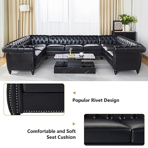 Spacious U-Shaped Chesterfield Faux Leather Sofa
