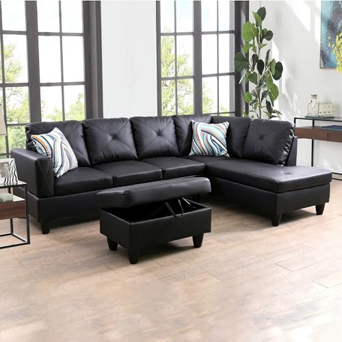 VURAX Black Faux Leather L-Shaped Sectional Sofa Set