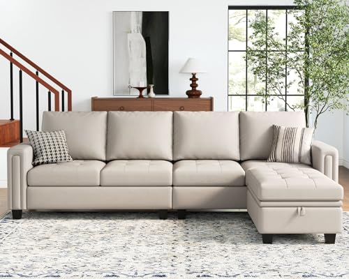 Beige Faux Leather L-Shaped Sectional Sofa with Storage