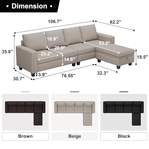 Beige Faux Leather L-Shaped Sectional Sofa with Storage