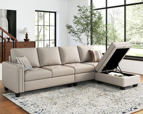 Beige Faux Leather L-Shaped Sectional Sofa with Storage