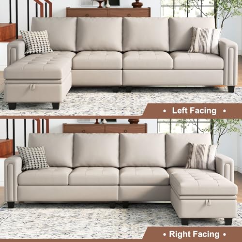 Beige Faux Leather L-Shaped Sectional Sofa with Storage