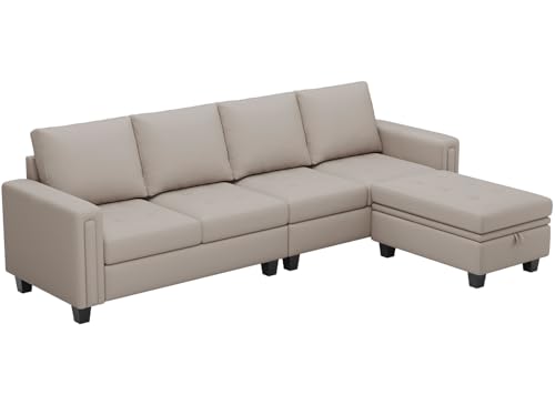 Beige Faux Leather L-Shaped Sectional Sofa with Storage