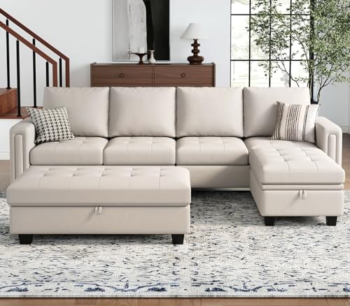 Belffin Beige L-Shaped Sectional Couch Set with Ottoman