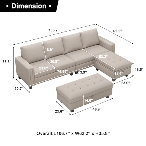 Belffin Beige L-Shaped Sectional Couch Set with Ottoman
