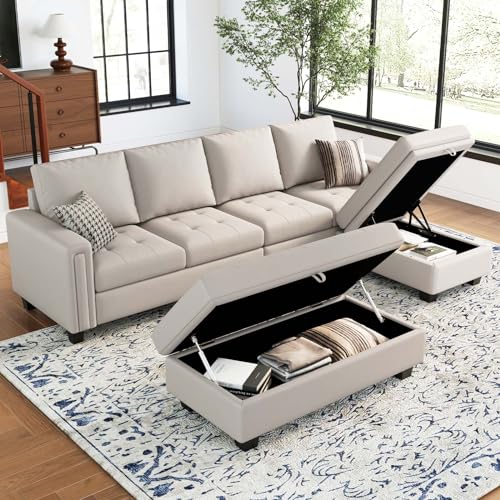 Belffin Beige L-Shaped Sectional Couch Set with Ottoman