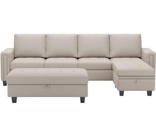 Belffin Beige L-Shaped Sectional Couch Set with Ottoman