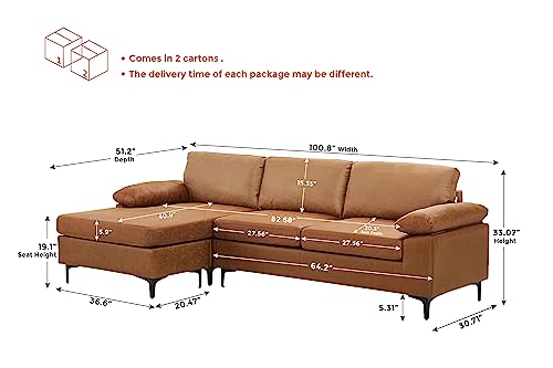 Brown Mid-Century Modern 100" L-Shaped Sofa