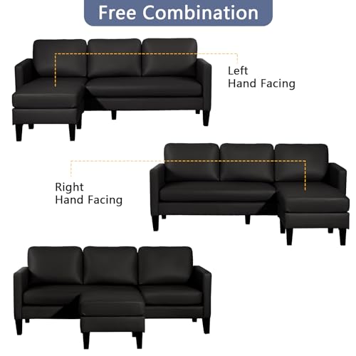 Black Faux Leather L-Shaped Sectional Sofa Set