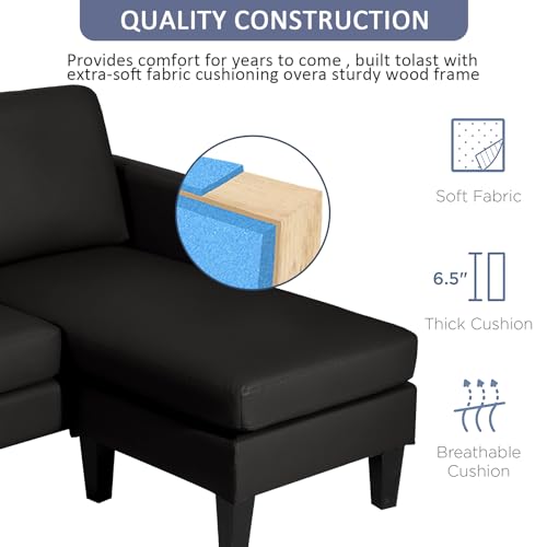 Black Faux Leather L-Shaped Sectional Sofa Set