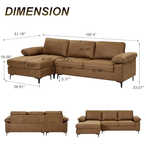 Brown Faux Leather Sectional Sofa with Reversible Chaise