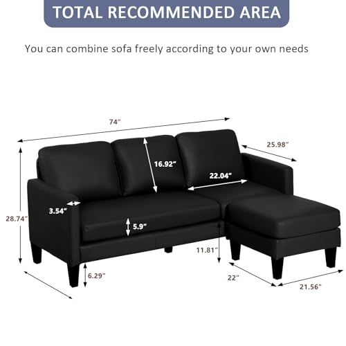 Black Faux Leather L-Shaped Sectional Sofa Set