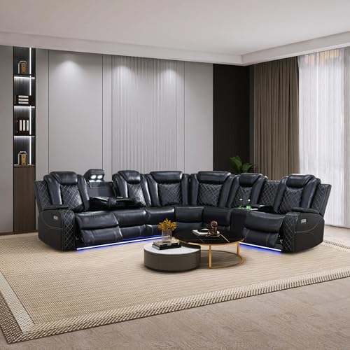 Black Leather Reclining Corner Sectional Sofa Set