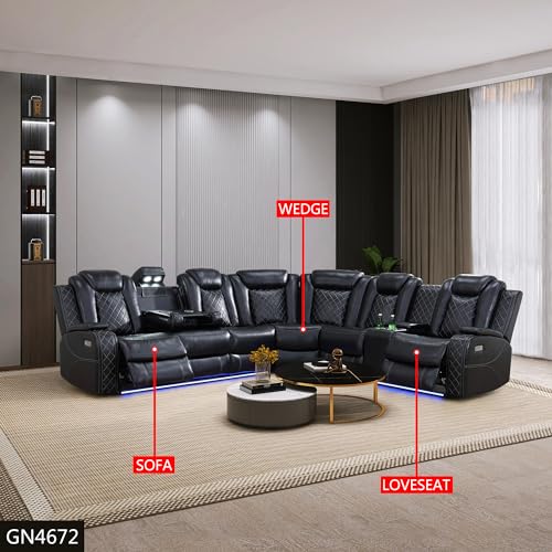 Black Leather Reclining Corner Sectional Sofa Set