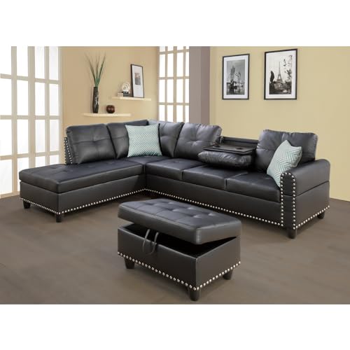 Black Faux Leather Sectional Sofa with Ottoman