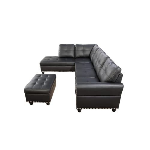 Black Faux Leather Sectional Sofa with Ottoman
