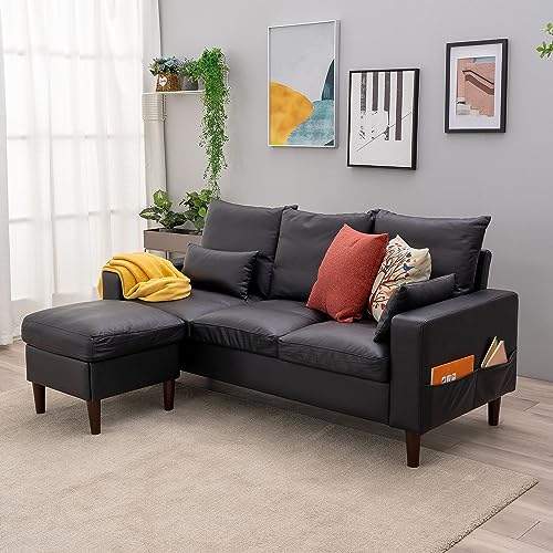 Modern Black L-Shaped Convertible Sofa Set