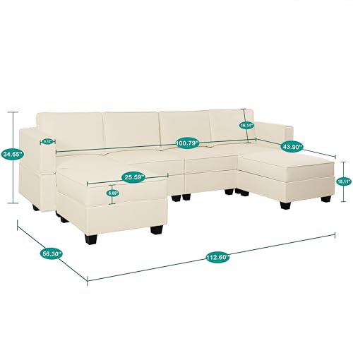 Beige U-Shaped Modular Sectional Sofa with Ottoman
