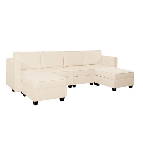 Beige U-Shaped Modular Sectional Sofa with Ottoman