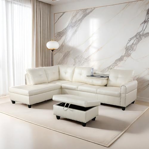 White L-Shaped Leather Sectional Sofa with Ottoman