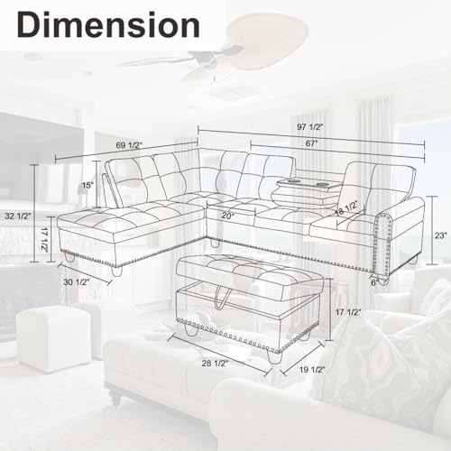White L-Shaped Leather Sectional Sofa with Ottoman