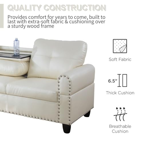 White L-Shaped Leather Sectional Sofa with Ottoman