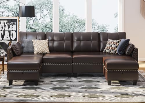 HONBAY U-Shaped Faux Leather Sectional Sofa Set