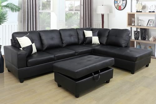 Black Leather L-Shaped Sectional Sofa with Ottoman
