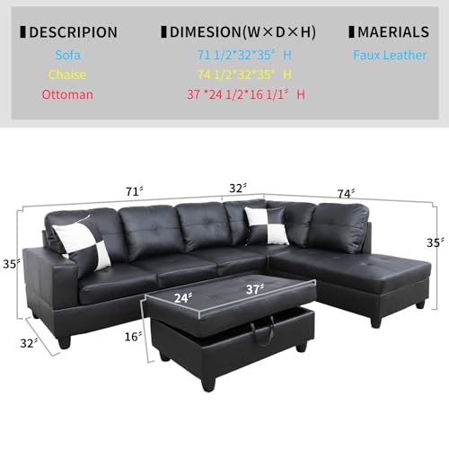 Black Leather L-Shaped Sectional Sofa with Ottoman