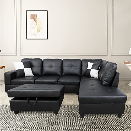 Black Leather L-Shaped Sectional Sofa with Ottoman