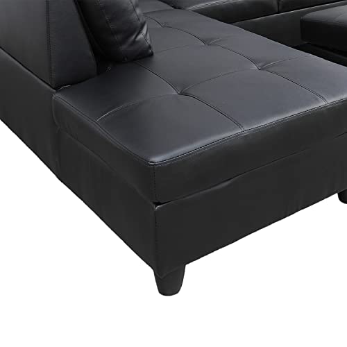 Black Leather L-Shaped Sectional Sofa with Ottoman