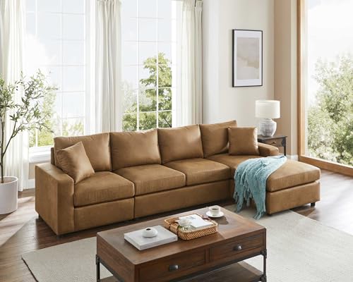 Light Brown L-Shaped Faux Leather Sectional Sofa