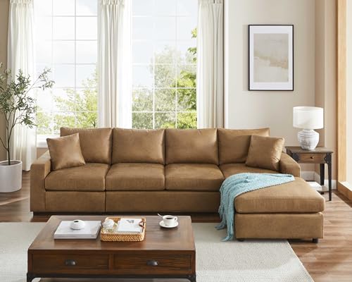Light Brown L-Shaped Faux Leather Sectional Sofa