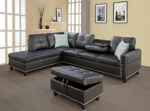 98" L-Shape Faux Leather Sectional Sofa with Cup Holders