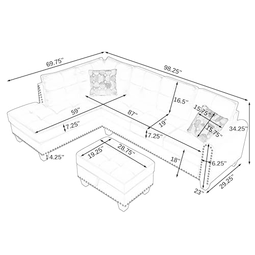 L-Shaped 98" Sectional Sofa with Storage Ottoman