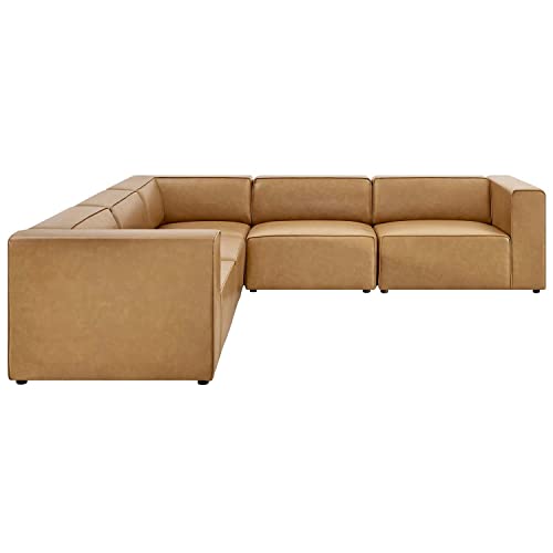 Modway Mingle Vegan Leather Sectional Sofa in Tan