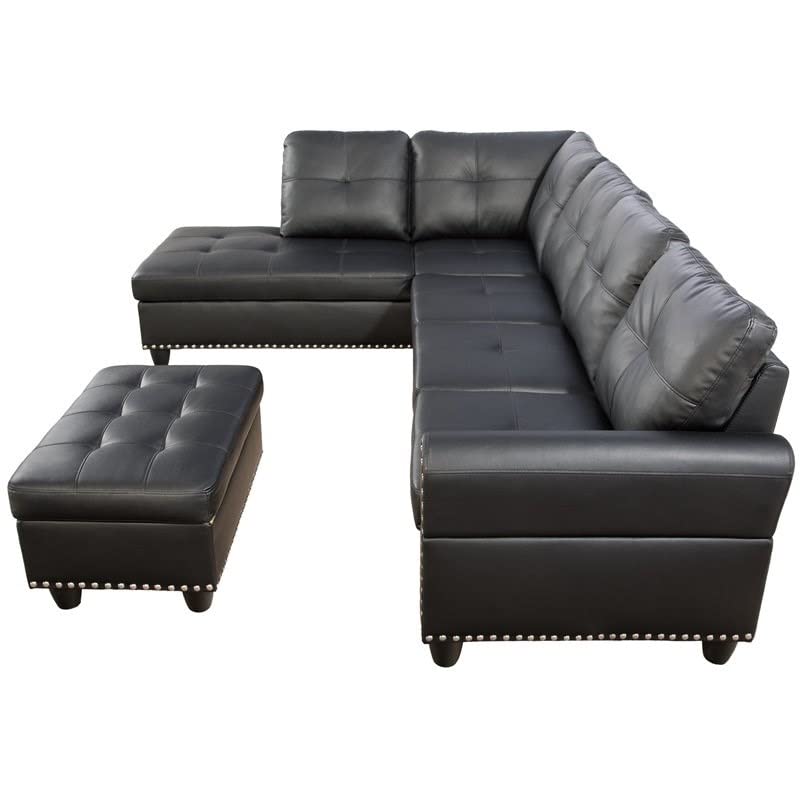 Transitional Black Faux Leather Sectional Sofa Set