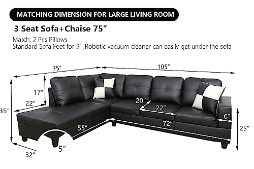 Black Faux Leather L-Shaped Sectional Sofa Set