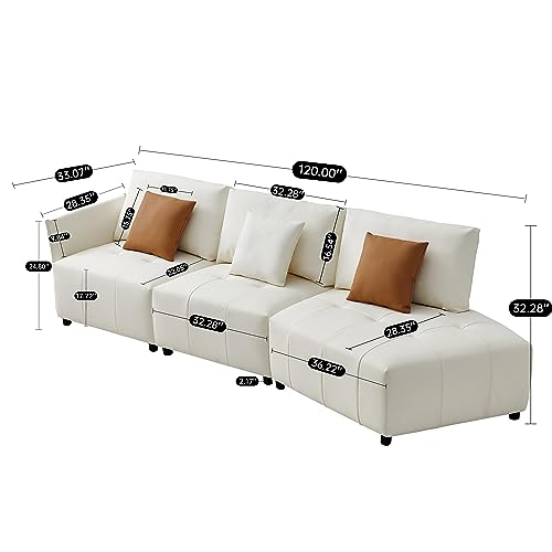 Curved Leather Sectional Sofa with 3 Pillows