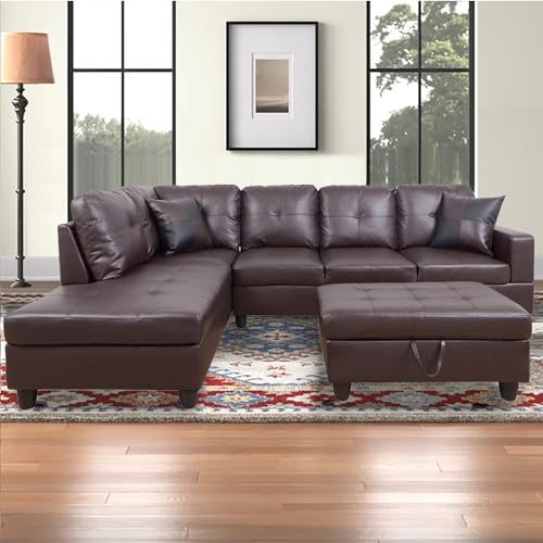 Brown Leather L-Shaped Sectional Sofa with Ottoman