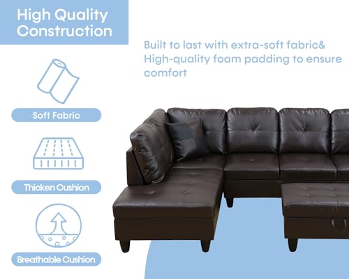 Brown Leather L-Shaped Sectional Sofa with Ottoman