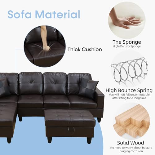 Brown Leather L-Shaped Sectional Sofa with Ottoman