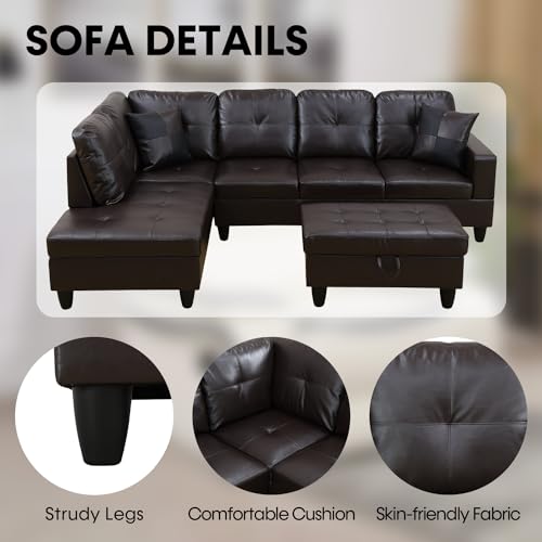 Brown Leather L-Shaped Sectional Sofa with Ottoman