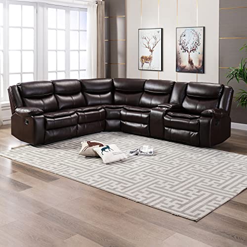 Dark Brown L-Shaped Leather Reclining Sectional Sofa