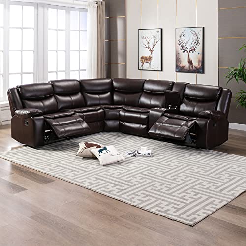Dark Brown L-Shaped Leather Reclining Sectional Sofa