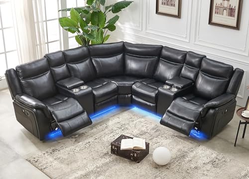Leather Reclining Sectional Sofa with LED Lights